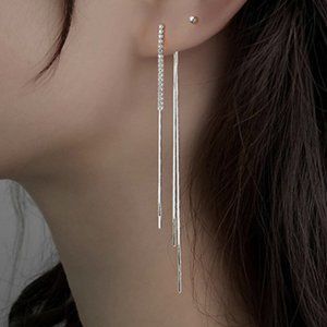 #NEW 925 Sterling Silver Diamond Chain Drop Earrings
